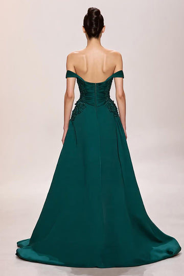Dark Green Satin A Line Long Evening Dress With Appliques